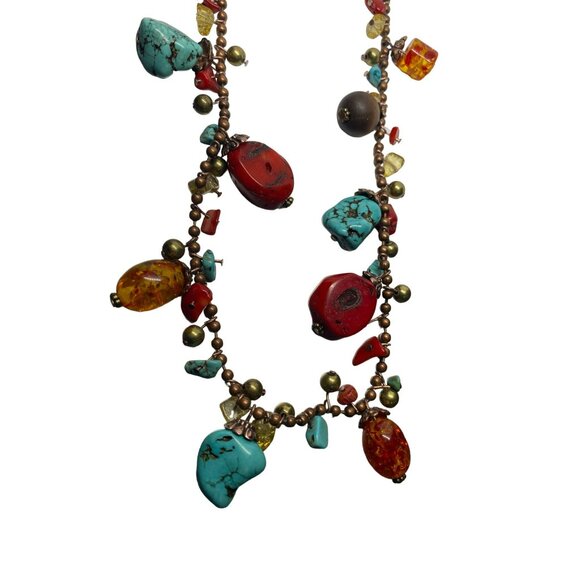 Bohemian Artisan Necklace With Multicolored Stone Beads & Brass Accents Adjustab - Picture 3 of 4